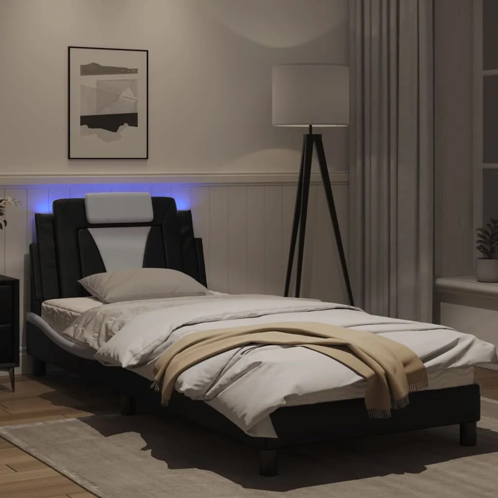 Estrutura cama c/ luzes LED 90x190 cm couro artif. preto/branco