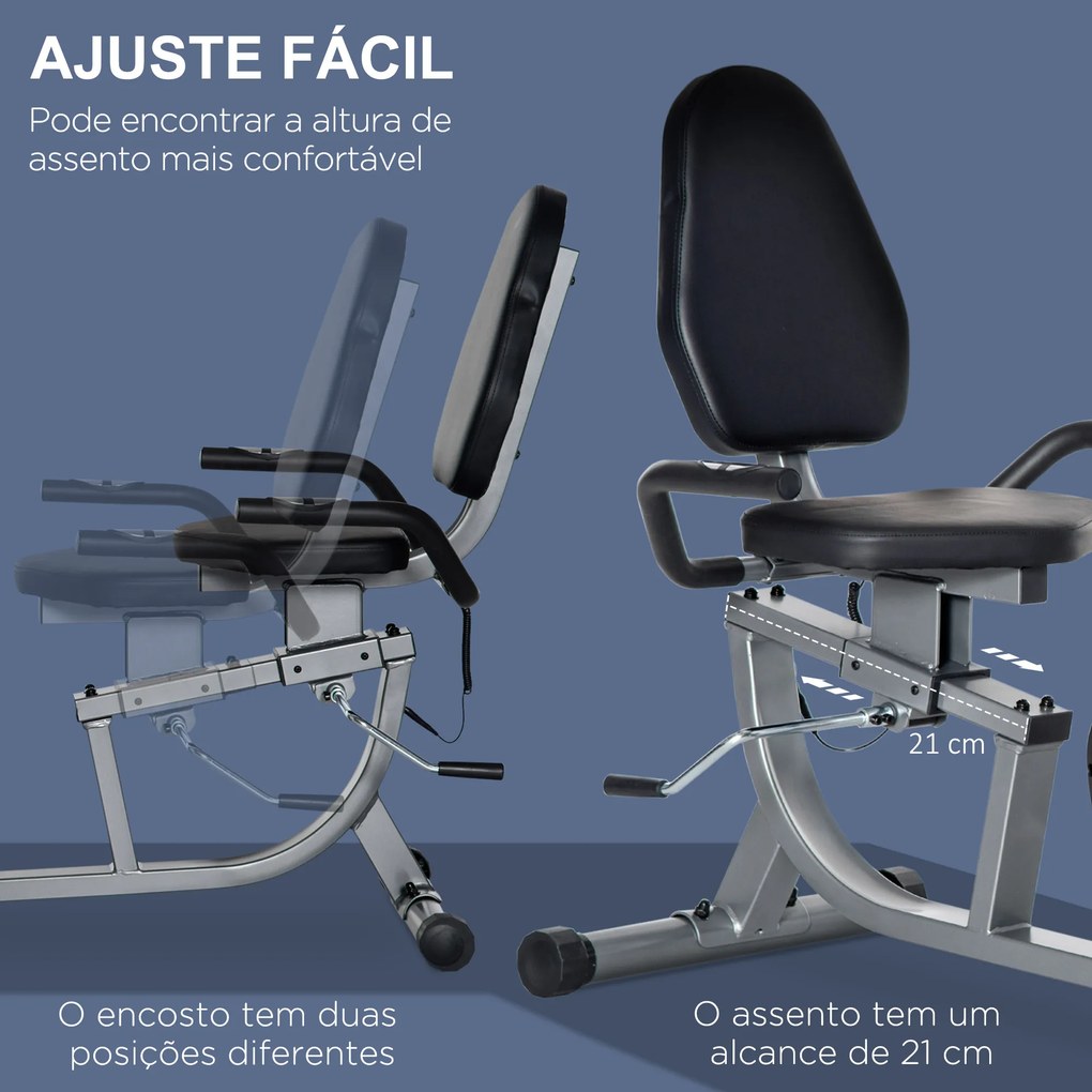 Bicicleta Estática com Encosto com 8 Níveis de Resistência Magnética Comprimento Ajustável Ecrã LCD 122-137x62x103 cm Cinza
