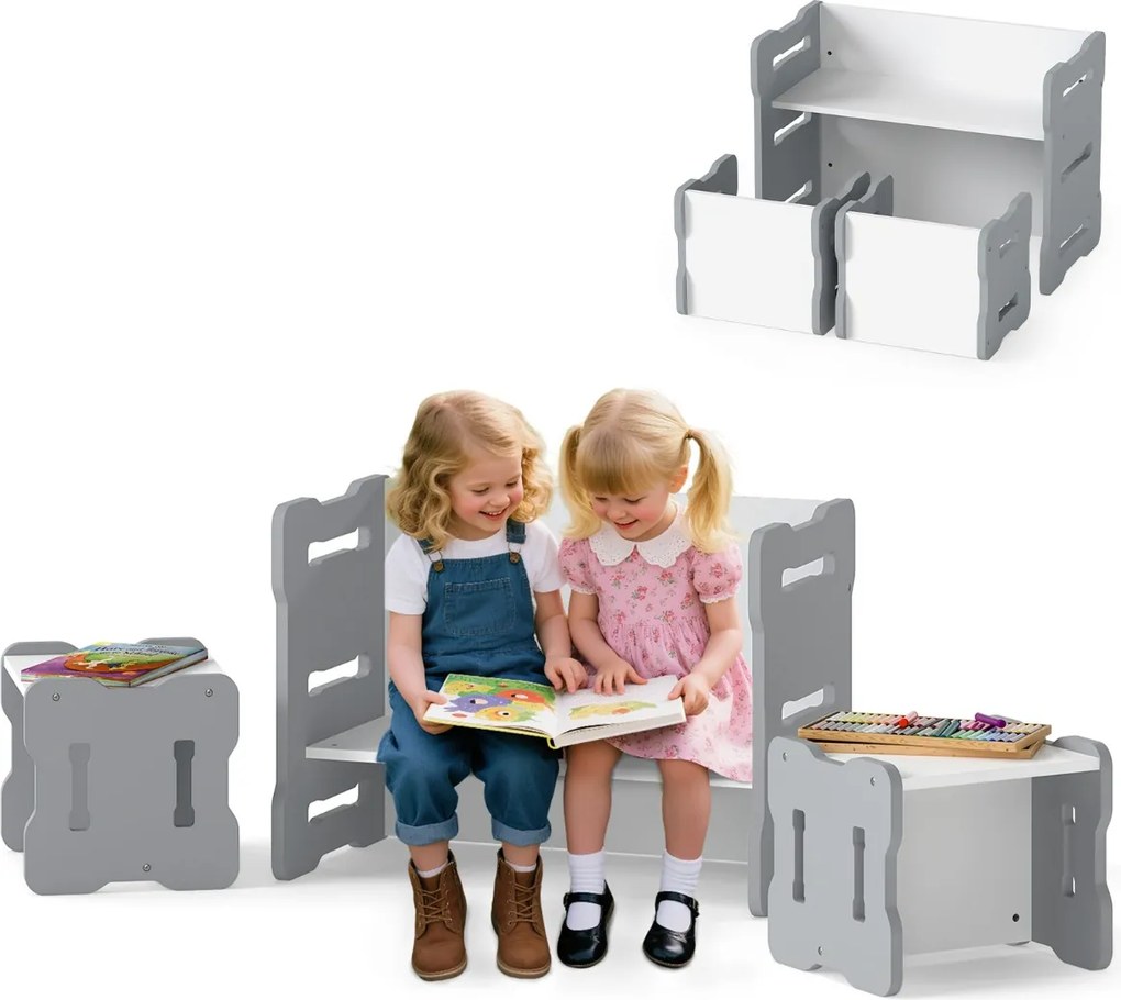 Conjunto de mesa e cadeira para crianças Conjunto de 3 peças para crianças pequenas com 2 bancos e mesa de atividades Cinzento