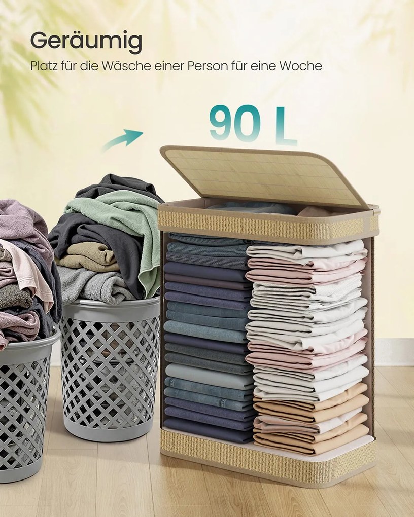 Cesto para roupa suja de 90 litros 49 x 33 x 61 cm em bambu com tampa, cor natural