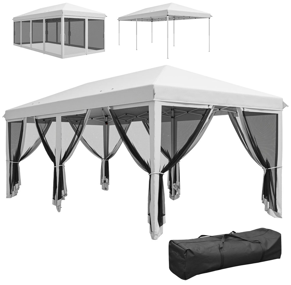 Outsunny Tenda Dobrável 585x295x270 cm Tenda de Jardim com 6 Mosquiteiros Bolsa de Transporte e Estrutura de Aço Cinza | Aosom Portugal