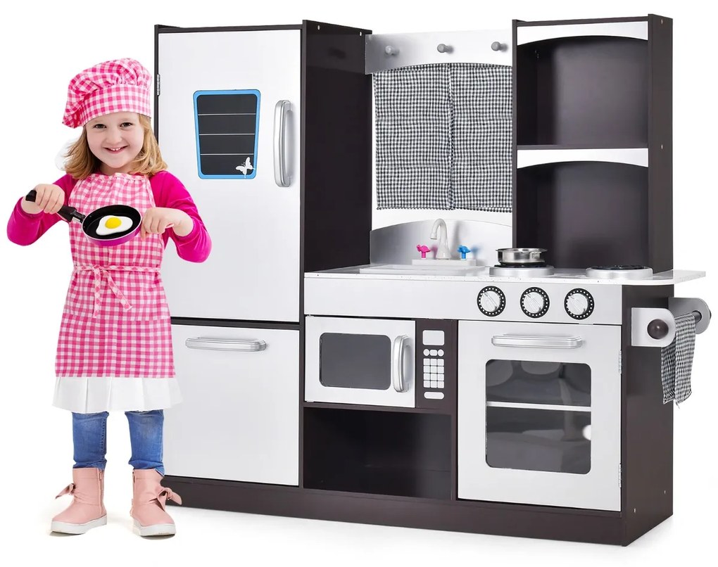 Cozinha de brincar de madeira infantil com brinquedo, geladeira, forno, quadro negro, fogão, torneira e pia, 105 x 31,5 x 95 cm, castanho