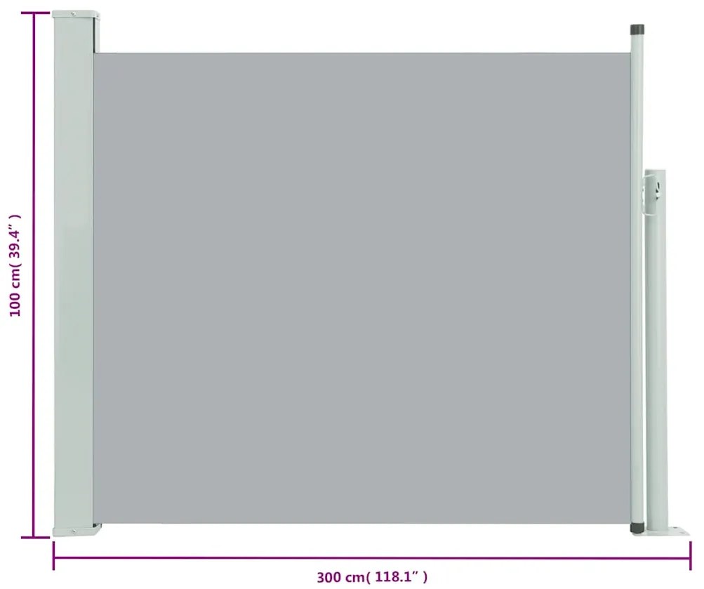 Toldo lateral retrátil para pátio 100x300 cm cinzento