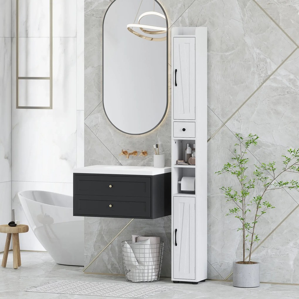 Coluna Casa de Banho com Compartimento Aberto Prateleiras Ajustáveis e Suporte para Papel Higiênico 20x20x185 cm Branco