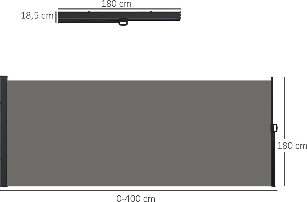 Toldo lateral com proteção contra olhares indiscretos, retrátil, 4 x 1,80 m, em alumínio e poliéster anti-UV de alta densidade (180 g/m²), cinzento es