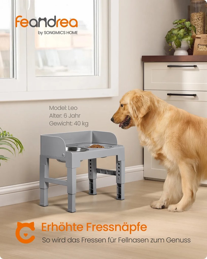 Comedouro elevado para cães com suporte ajustável 42,5 x 24 x (28,5-36,5) cinzento