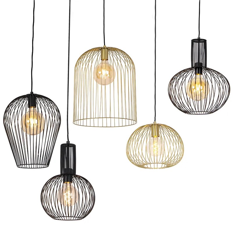 Conjunto de 5 candeeiros de suspensão design preto e dourado - Wires Design