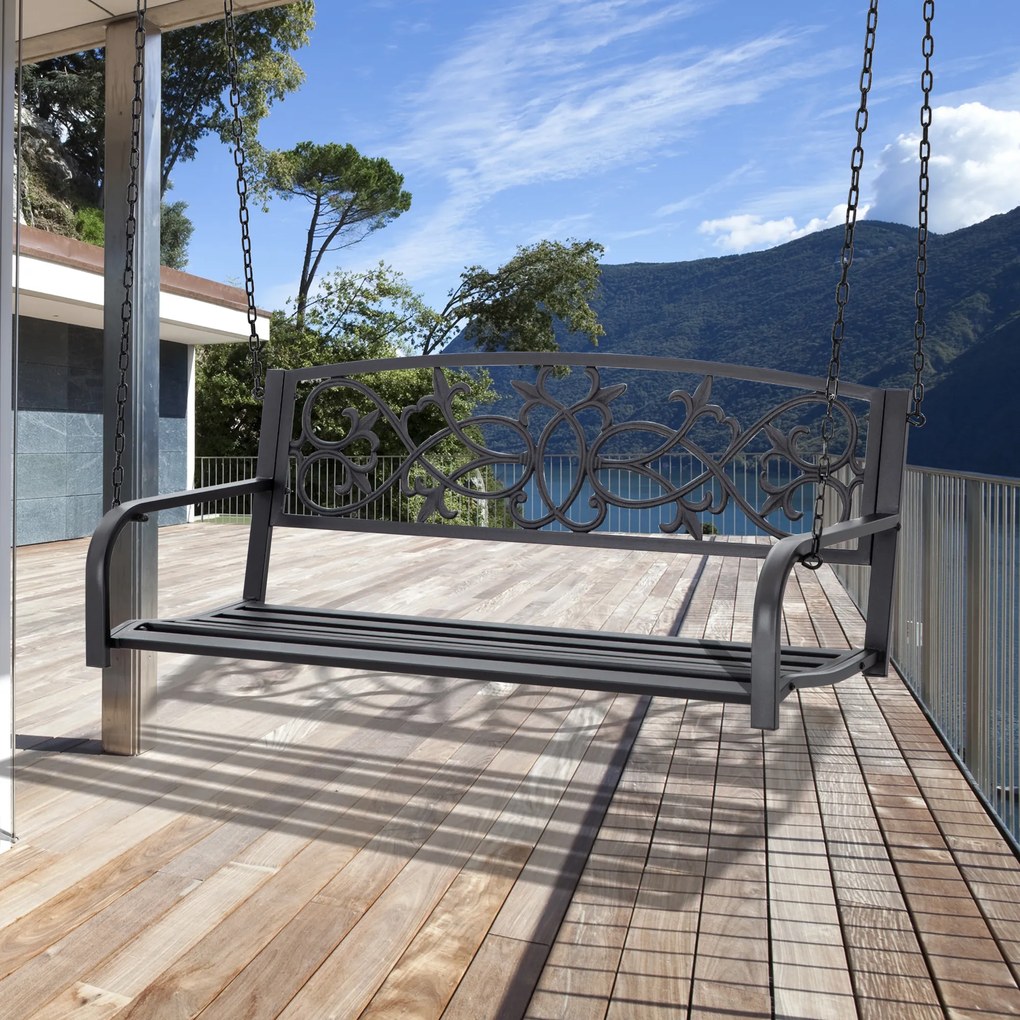 Outsunny Banco Baloiço de 2 Lugares Banco Suspenso de Aço com Apoio para os Braços Carga Máx. 240kg para Jardim Varanda Exterior 127x59,5x52cm Preto