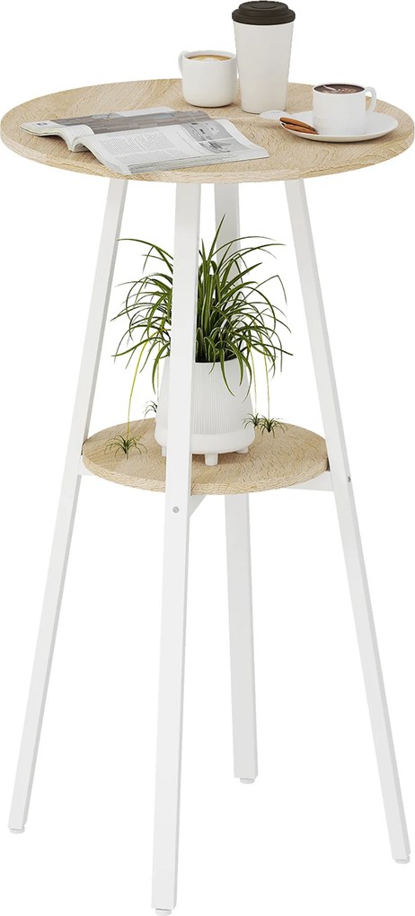 Mesa Alta de Cozinha Redonda com Prateleira de Armazenamento para 2 Pessoas com Estrutura de Metal 55x55x95 cm Madeira e Branco