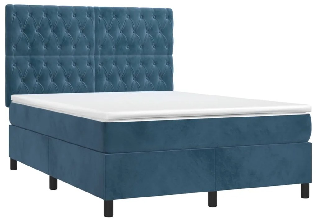 Cama box spring c/ colchão/LED 140x190 cm veludo azul-escuro