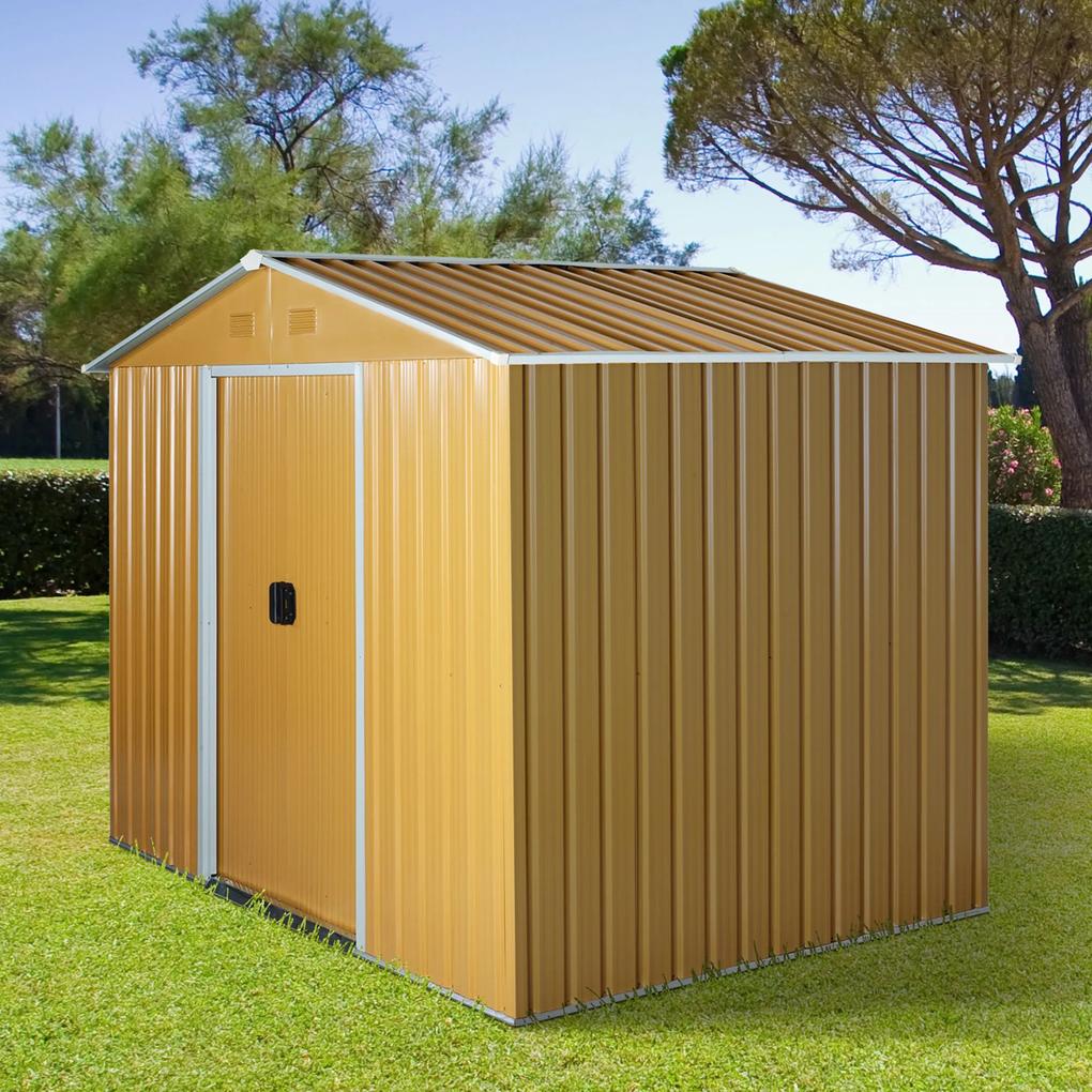Outsunny Galpão de jardim de 4.1m² para armazenamento de ferramentas externas com portas deslizantes de aço galvanizado 236x174x190 cm Amarelo mostarda