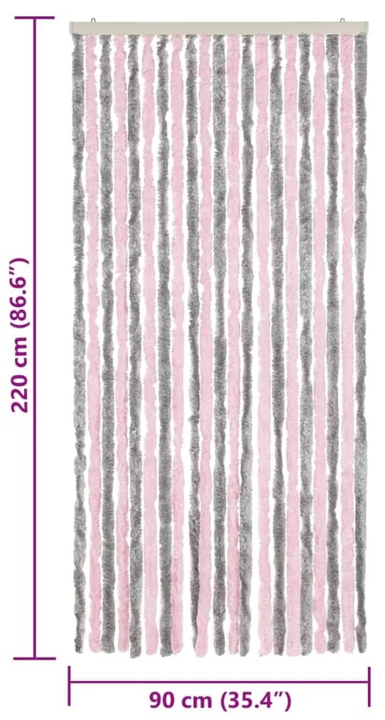 Cortina anti-insetos 90x220 cm chenille cinza-prateado e rosa
