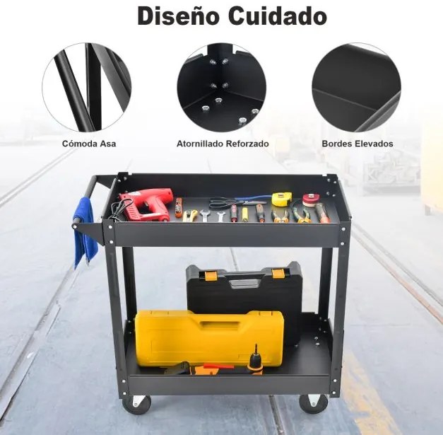 Carrinho multifunções de 2 níveis com pega e estrutura metálica  de dupla camada para uso doméstico Carga 50 kg 85 x 41 x 79 cm Preto