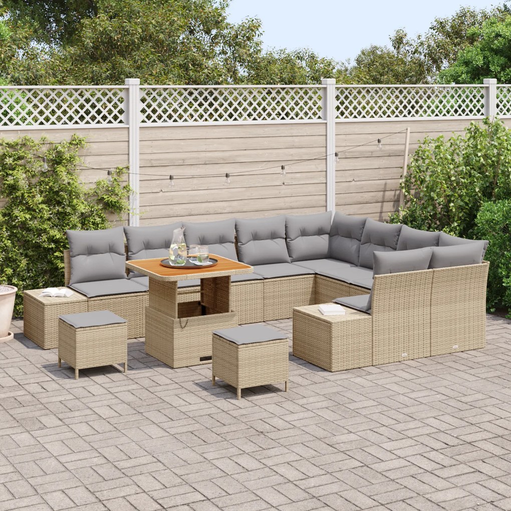 Conjunto de Sofá de Jardim de 12 Peças com Almofadas em Bege Rattan Po