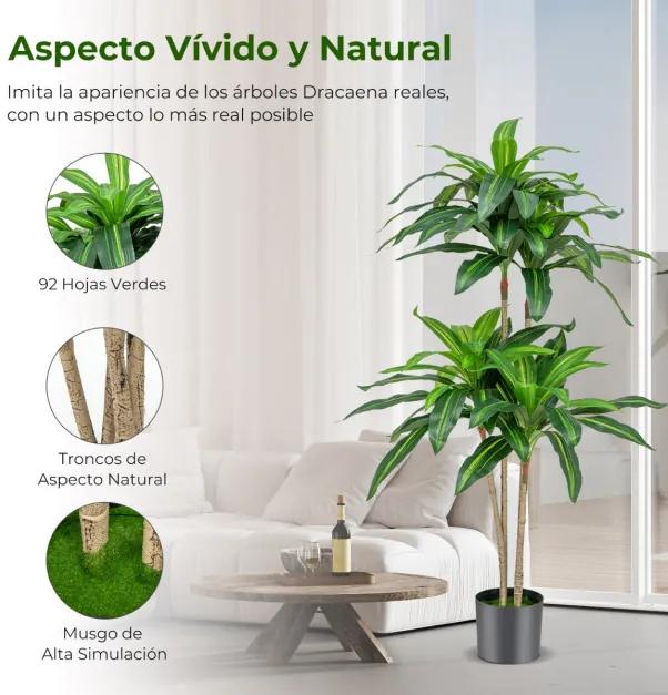 Árvore artificial 140 cm com vaso decorativo planta falsa dracaena com 92 folhas planta verde realista em vaso para interior e exterior Verde