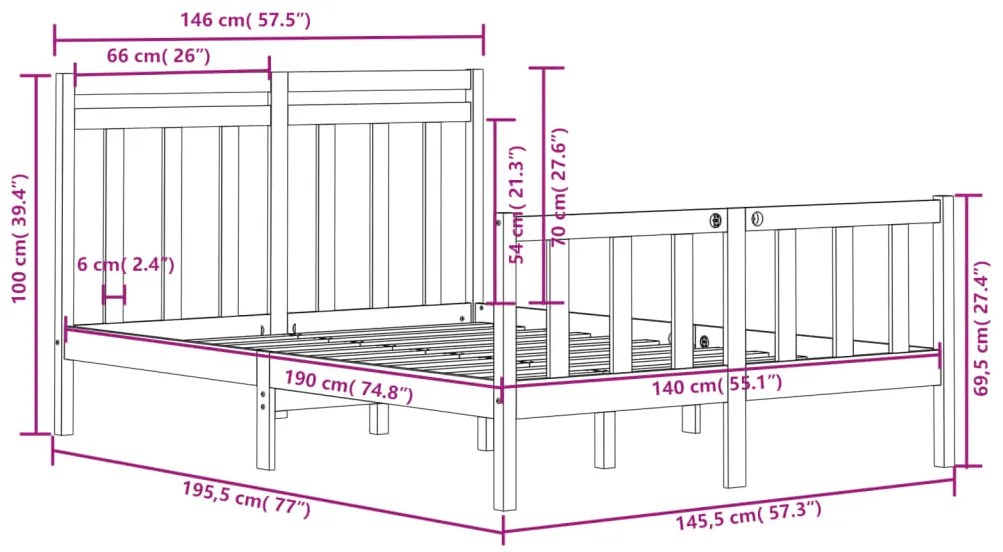 Estrutura de cama 140x190 cm madeira maciça