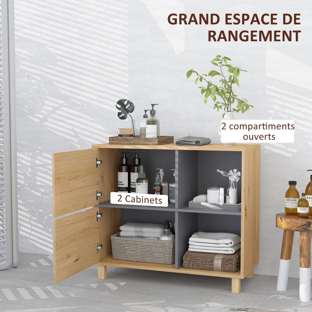 Móvel de casa de banho 80 x 35 x 70 cm, de arrumação com compartimentos abertos e armário, cor de madeira natural