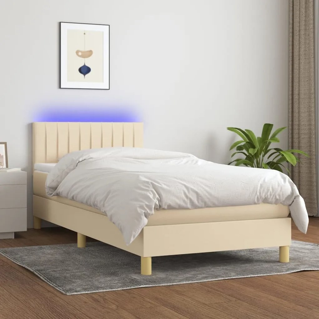 Cama box spring c/ colchão e LED 100x200 cm tecido cor creme