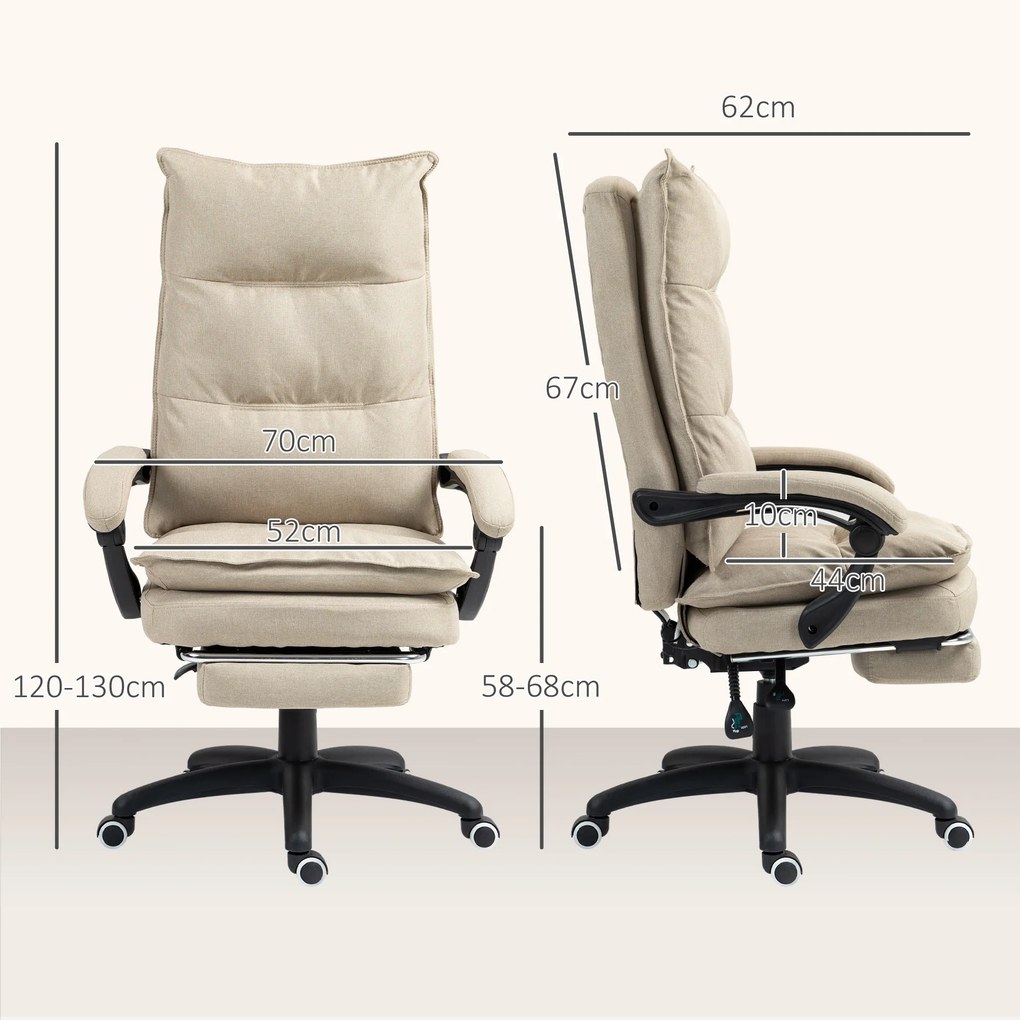 Cadeira de escritório com função de massagem, altura ajustável, encosto reclinável, apoio para os pés integrado e comando com fio, na cor bege