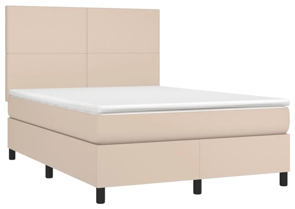 Cama box spring c/colchão/LED 140x190cm couro artif. cappuccino