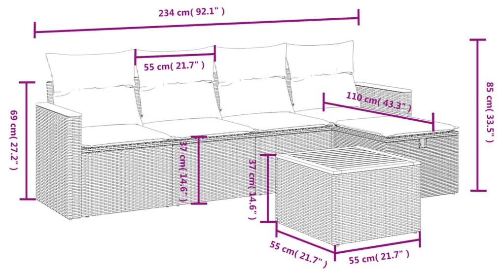 6 pcs conjunto sofás de jardim com almofadões vime cinzento