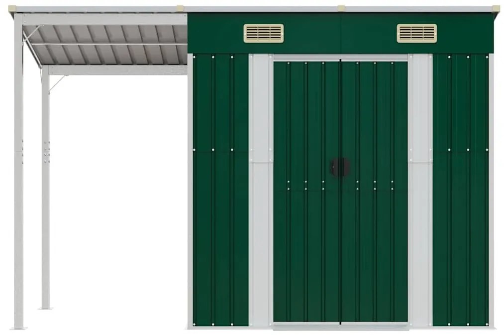 Abrigo de jardim com alpendre 277x107x181 cm aço verde