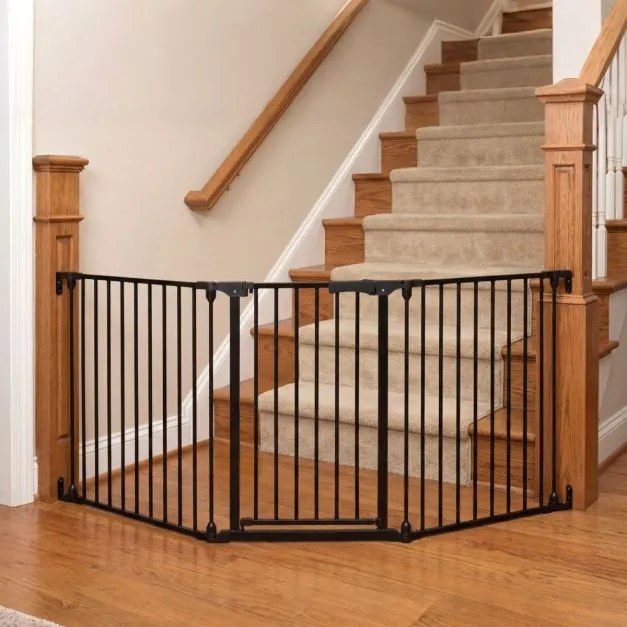 Barreira de segurança para crianças ou animais com 3 painéis metálicos 74,5-198 x 74,5 cm, bloqueio duplo e abertura bidirecional, preta