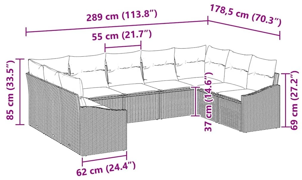 Conjunto de Sofá de Jardim 9 Peças com Almofadas Beiges em Polirattan