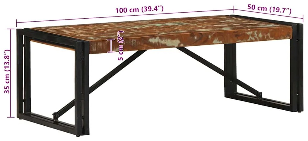 Mesa de centro multicor 100x50x35 cm madeira maciça recuperada