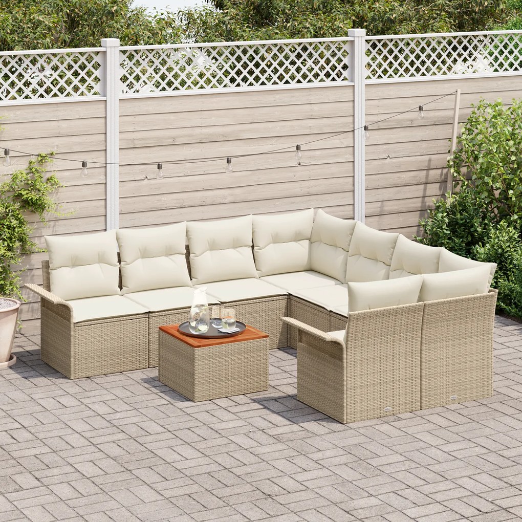 Conjunto de Sofá de Jardim de 9 Peças com Almofadas Bege Rattan PE Acá