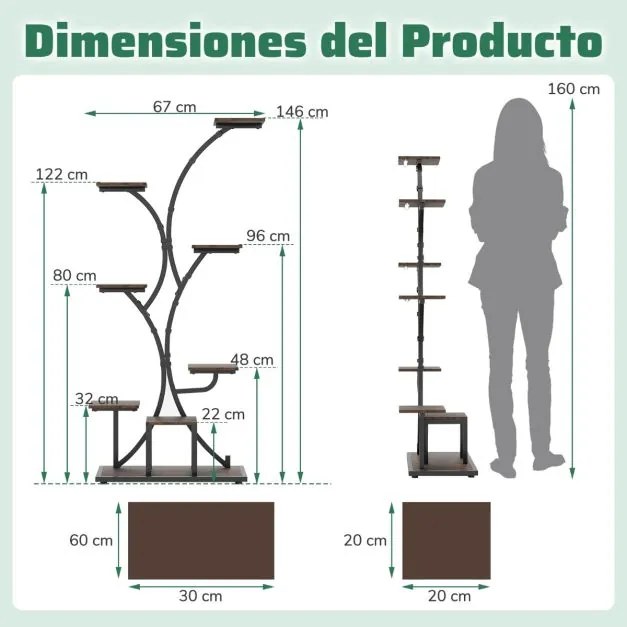 Suporte de 8 níveis para plantas com luzes de crescimento ajustáveis e temporizador 67 x 30 x 146 cm Castanho e preto