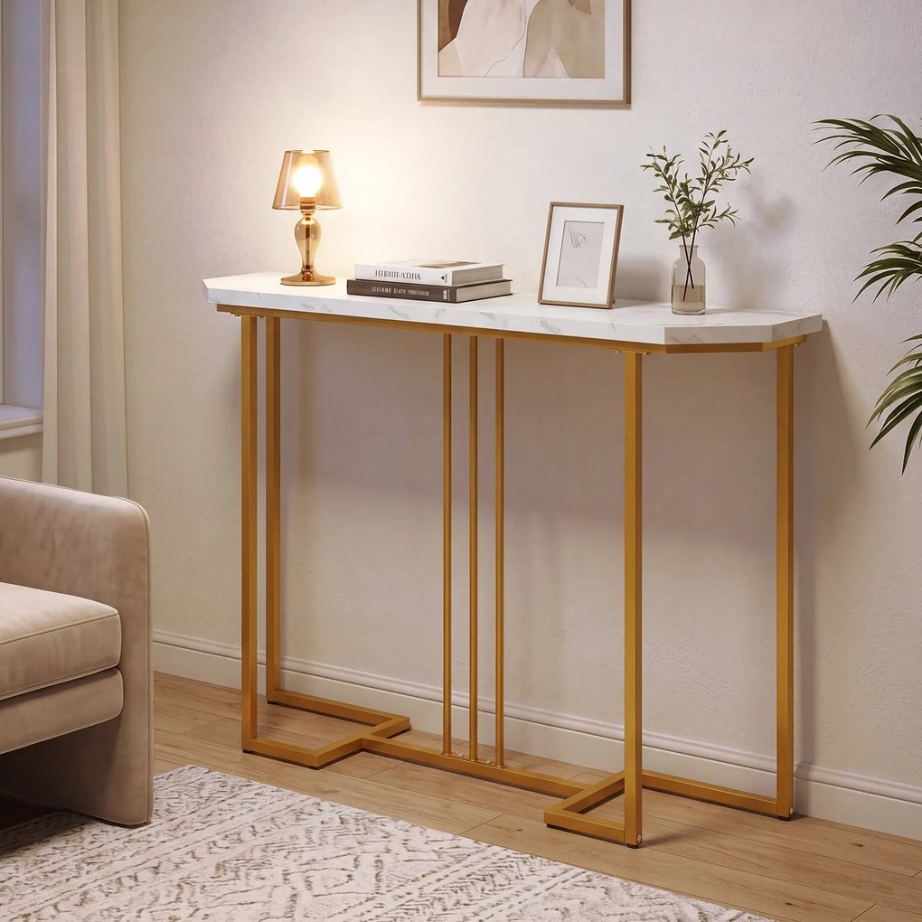 Mesa de Consola, 110 x 30 x 91 cm, Tampo com Imitação de Mármore, Natural + Branco