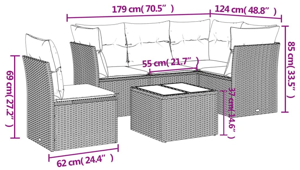 6 pcs conj. sofás jardim com almofadões vime PE cinzento-claro