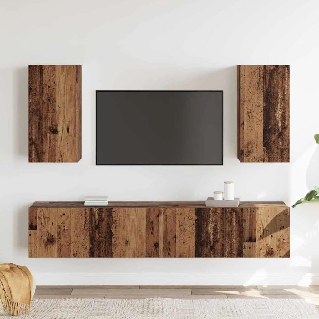 Conjunto com 4 cabides de TV da montado na parede em madeira envelheci