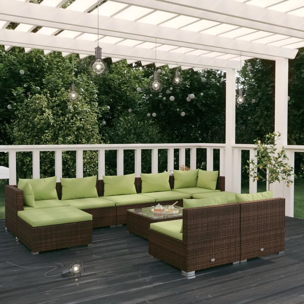 vidaXL 10 pcs conjunto lounge jardim c/ almofadões vime PE castanho