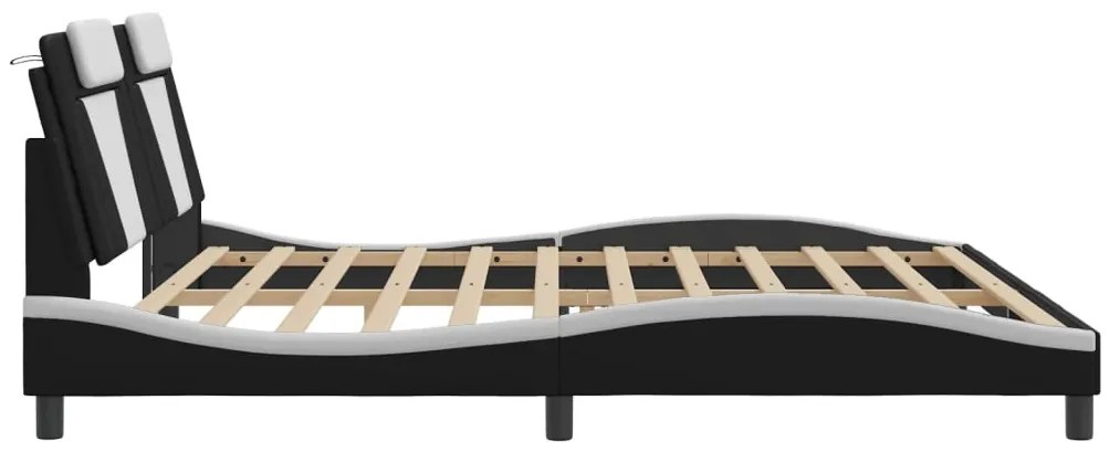 Estrutura cama c/ luz LED 200x200 cm couro artif. preto/branco
