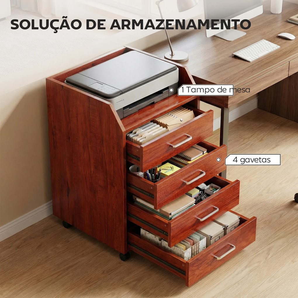 Bloco de Gavetas de Escritório com Rodas 4 Gavetas Organizador Móvel 40x36x65 cm Castanho
