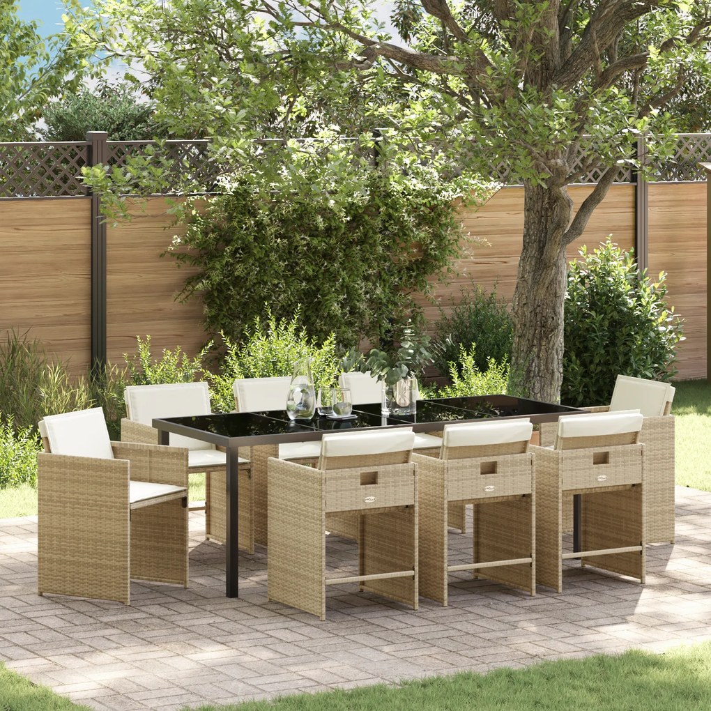 vidaXL Conjunto de Jantar de Jardim de 9 Peças com Almofadas Bege de Vime PE