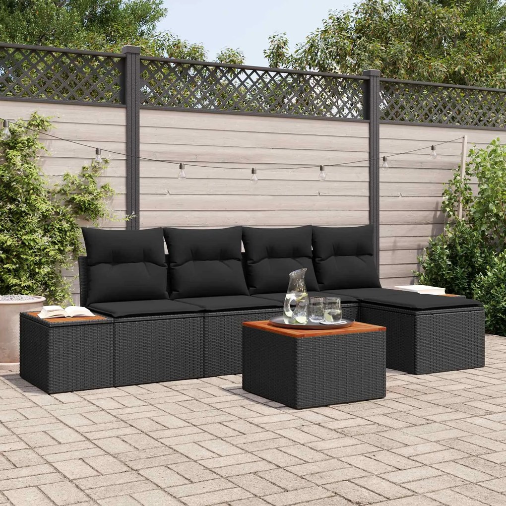 vidaXL Conjunto de Sofá de Jardim com almofada 6 pcs Preto Polirattan