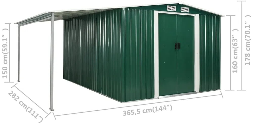 Abrigo de jardim com portas de correr 386x312x178 cm aço verde