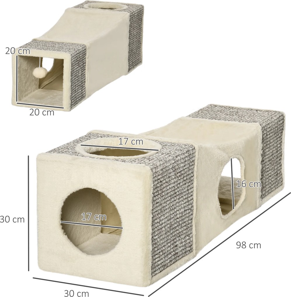 Túnel para gatos de interior, brinquedos para gatos com bola suspensa e várias entradas, em sisal, 98 x 30 x 30 cm, cor creme