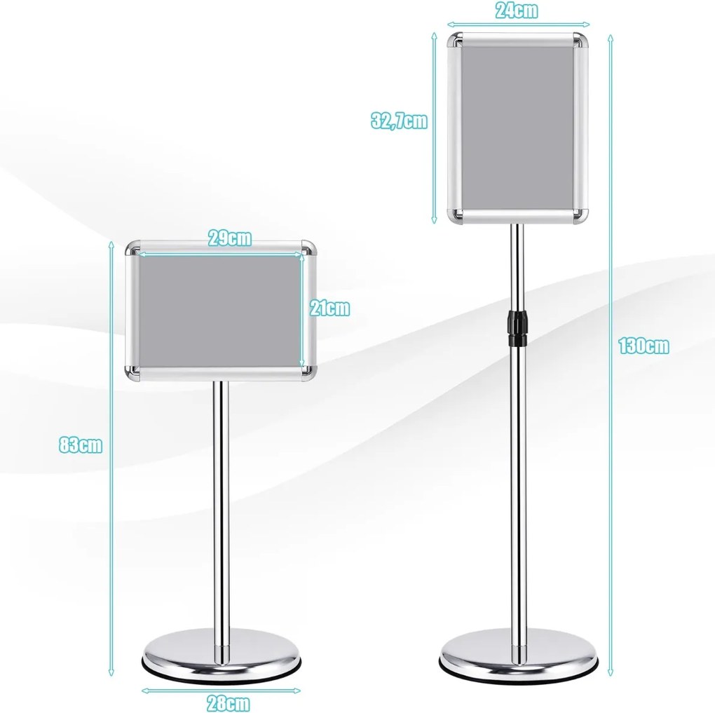 Conjunto de 2 suportes de pé A4 para cartazes de metal, cartazes de quadro, menus, publicidade exterior, altura ajustável, giratório, prateado