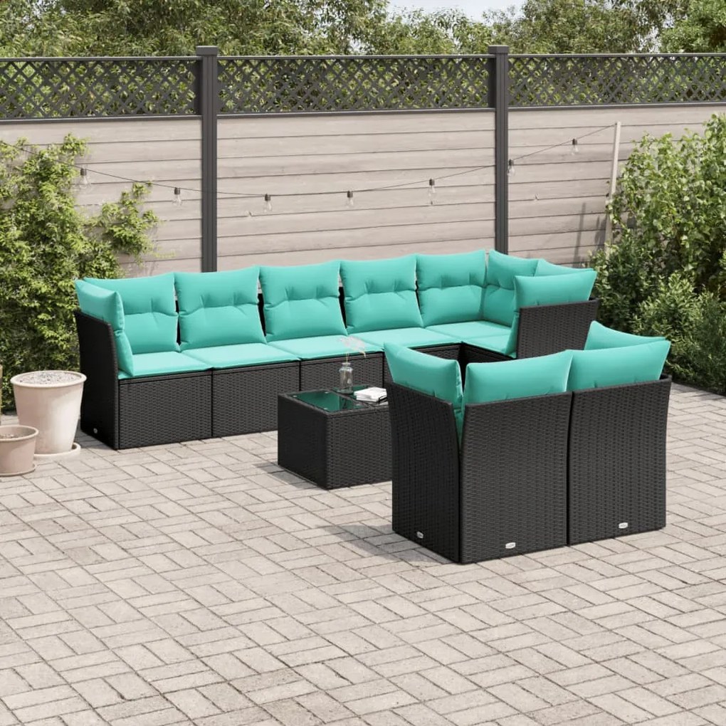 vidaXL 9 pcs conjunto de sofás p/ jardim c/ almofadões vime PE preto