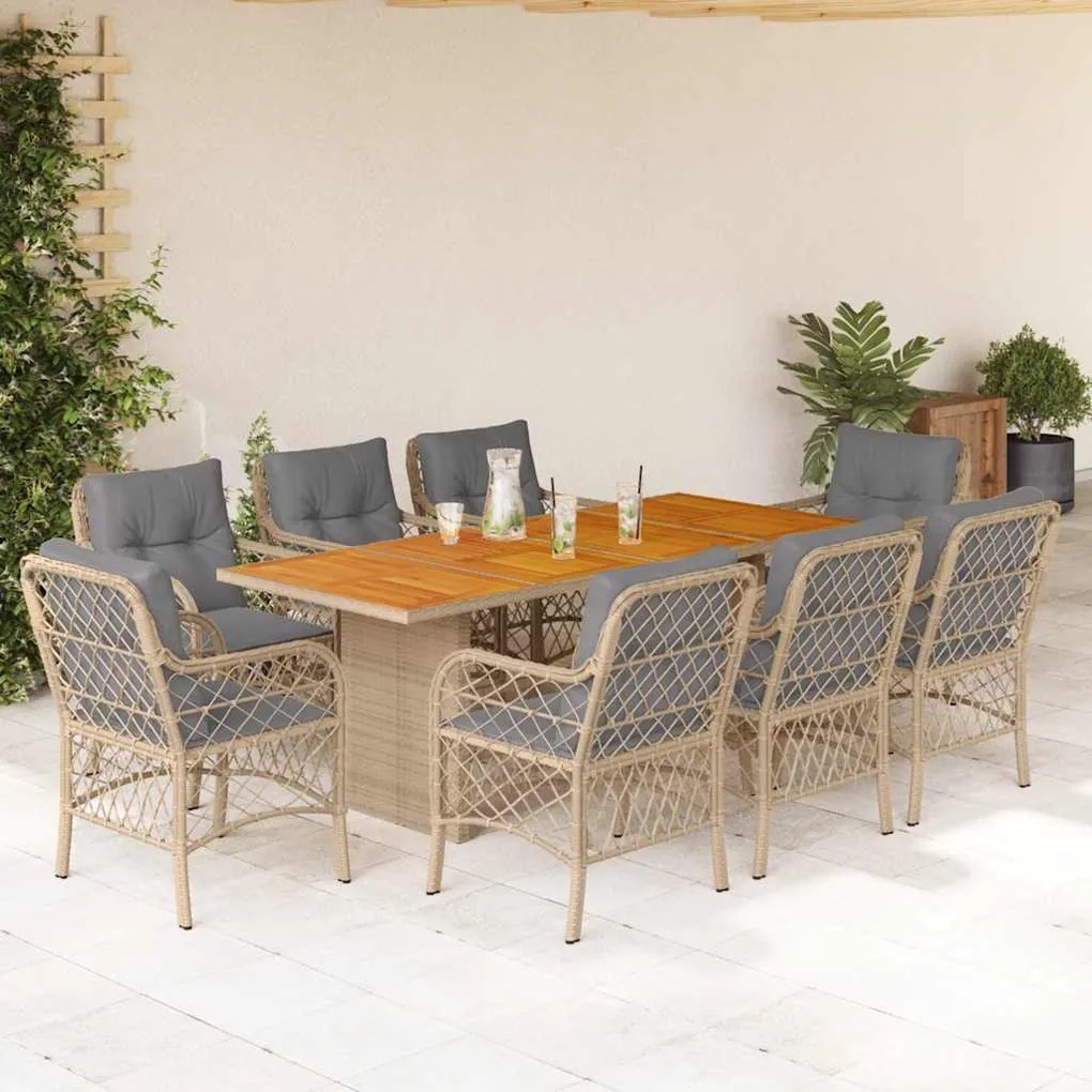 vidaXL 9 pcs conj. jantar jardim c/ almofadões vime PE bege misturado