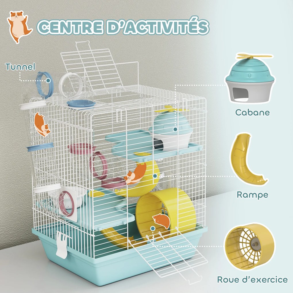 Gaiola para hamsters 34,5 x 27,5 x 41 cm, gaiola para roedores de 3 níveis, com roda de exercício, túnel de brincar, comedouro, casinha, azul