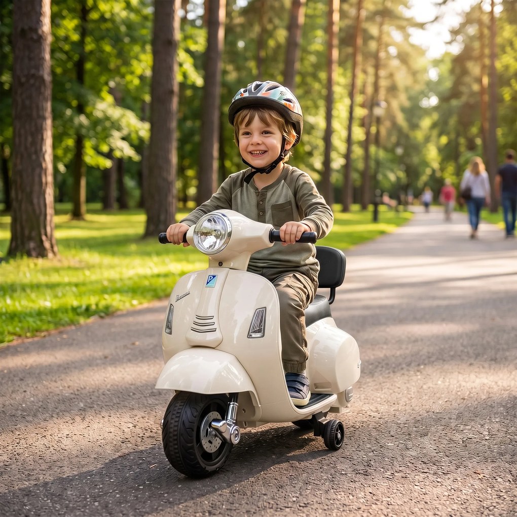 Mota Elétrica Infantil 6V para crianças 18-36 meses Mini Vespa GTS com 2 Rodas Auxiliares, Bateria de Lítio, Farol, Buzina e Encosto, Branco