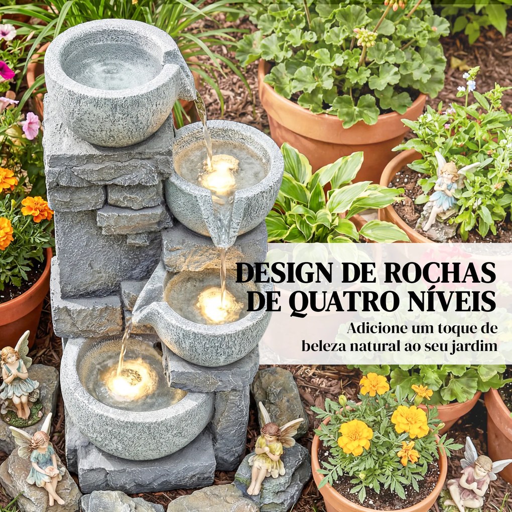 Fonte de Jardim com Iluminação LED e Bomba Decorativa em Cascata de 4 Níveis Fluxo Ajustável, Cinzento