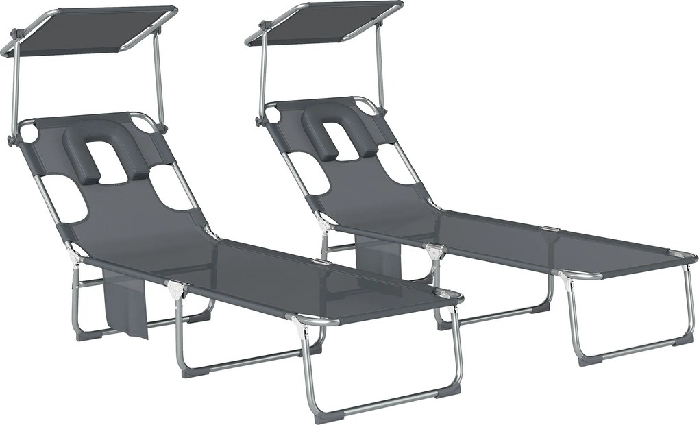 Outsunny Conjunto de 2 Espreguiçadeiras Dobráveis com Dossel 360° Encosto 5 Posições Orifício Facial 188x56x27 cm Cinza Escuro | Aosom Portugal