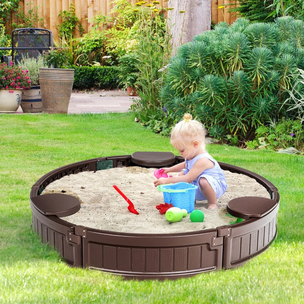 Caixa de areia infantil redonda 120 cm para 4 crianças Kit caixa de areia ao ar livre com assentos à prova d'água para pátio praia Castanho