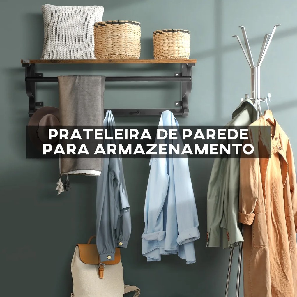 Prateleira de Parede Flutuante com 5 Ganchos e 1 Barra de Aço para Pendurar Roupas Chaves Livros Estilo Moderno 66x30x27cm Madeira e Preto